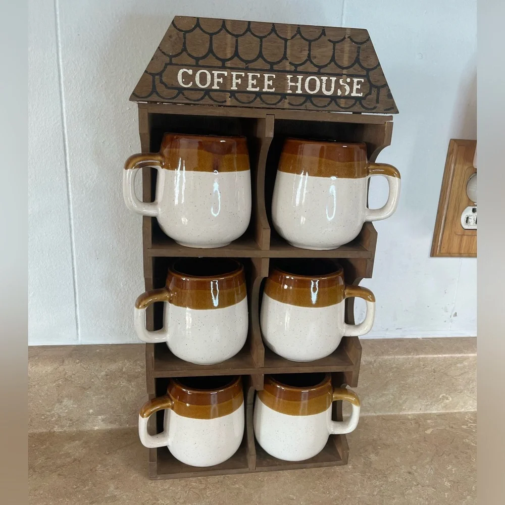 Rare Vintage Coffee House Stoneware Mug Set with Wooden Rack - Brown and Cream